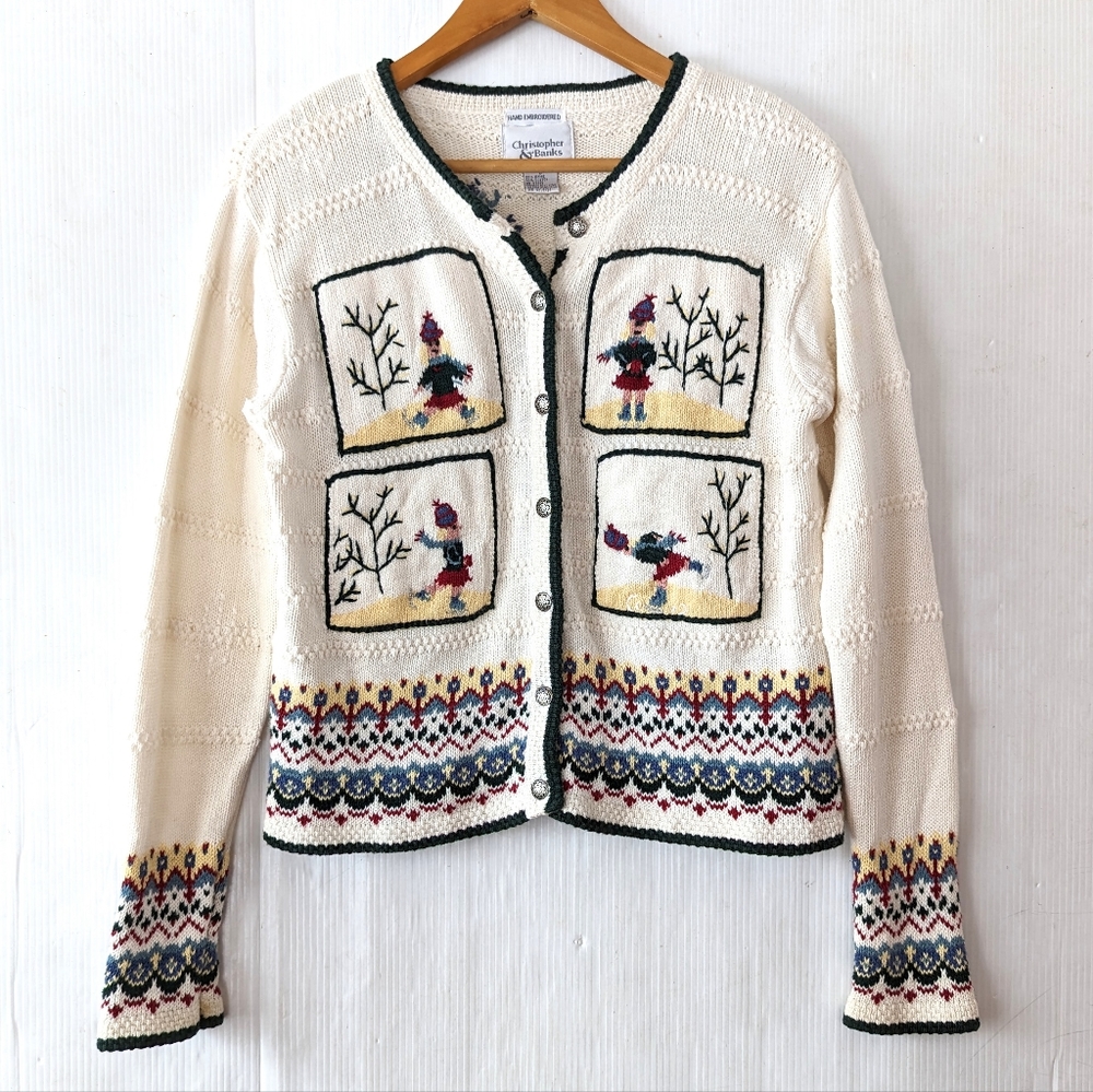 VINTAGE hand embroidered fair isle skating girl ugly Christmas sweater cardigan